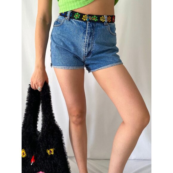 90s vintage rainbow groovy flower retro blue denim high waist mini jean shorts - Picture 5 of 9